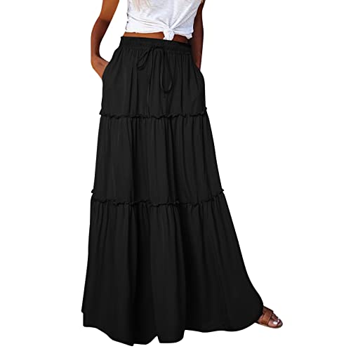 Langer Damen Maxirock Mit Boho Blumen Muster Hoher Elastischer Taille Freizeitrock Taschen Gürtel Bunt Faltenrock Leicht Casual Atmungsaktiv Strandrock Lässiger Rock Mode Bedruck Röcke (Black, M) von Generic
