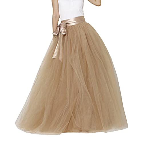 Langer Maxi-Puffy Schichten Tüllrock Tutu Damen Bodenlänge A Linie mit Schleife Gürtel Hohe Taille Maxirock Prinzessin Ballettrock für Karneval Hochzeit Abschlussball Party Abend (Khaki, One Size) von Generic