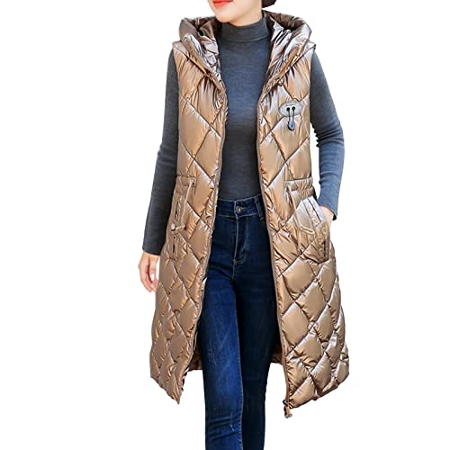 Langer Winter Steppweste Glänzend Daunenweste Damen Hoodie Manteljacke Stehkragen Longweste Wintermantel Ärmellos Westen Elegant Steppmantel mit Mütze & Taille Kordelzug Baumwolljacke (Brown, M) von Generic