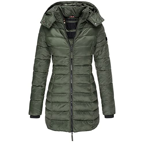 Langer Wintermantel für Damen, mit Kapuze, abnehmbar, warmer Mantel, lang, gepolstert, schmale Jacke, grün, 50 von Generic