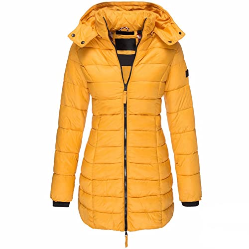 Langer Wintermantel für Damen, mit Kapuze, abnehmbar, warmer Mantel, lang, gepolstert, schmale Jacke, gelb, 50 von Generic