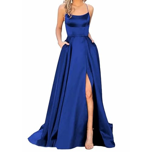 Langes Kleid für Damen, Satin, Schlitz, Hochzeit, Abend, Partykleid mit Taschen, elegante Partykleider für Damen – Dunkelblau – S Langes Kleid für Damen, Satin, Schlitz, Hochzeit, Abend, Partykleid mit Taschen, elegante Partykleider für Damen – Dunkelblau – S von Generic