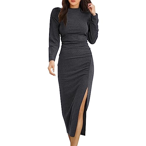 Langes Kleid mit Schlitz -Bodycon Kleid Langarm -Kleid Elegant Rundhals Slim Fit Einfarbig Bequeme Wickelkleid Partykleid Baumwollkleid Freizeitkleid Kleider Etuikleid Herbst Frauen von Generic