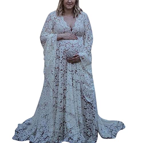 Langes Sommerkleid Damen - Frauen Boho Stil Spitze Umstandskleid für Fotografie Umstandsfotografie Outfit Maxi Kleid Schwangerschaft Spitze langes Kleid Boho Kleid Partykleid von Generic