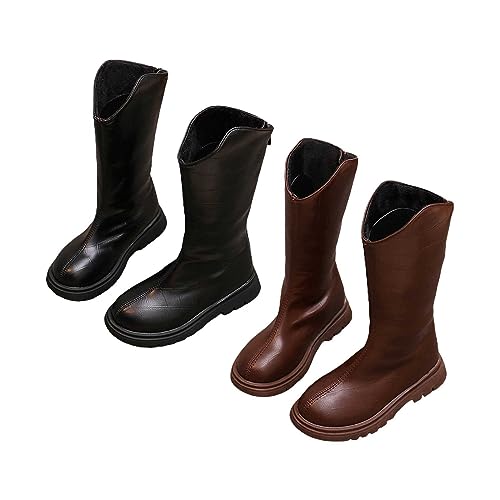 Langschaft Stiefel Mädchen Wasserdicht Reitstiefel mit Reißverschluss Mode Lederschuhe Rutschfest Hohe Boots Weit Warm Winterstiefel Weiche Thermo Kinderstiefel (Brown, 27.5 Little Child) von Generic