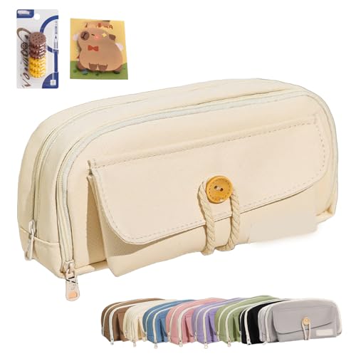Large Capacity Multi-Layered Pencil Case Organizer, Wide-Opening Light Green Pencil Case, Durable Eco-Friendly Fabric Pen Pouch with Zipper, Office Student Essentials (Beige) von Generic