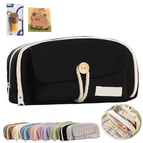 Large Capacity Multi-Layered Pencil Case Organizer, Wide-Opening Light Green Pencil Case, Durable Eco-Friendly Fabric Pen Pouch with Zipper, Office Student Essentials (Black) von Generic