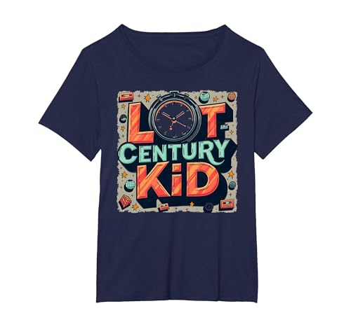 Last Century Kid 1900s Retro Nostalgie Uhr Sterne Vintage T-Shirt, Damen Große Größen, Marineblau, 5X von Generic