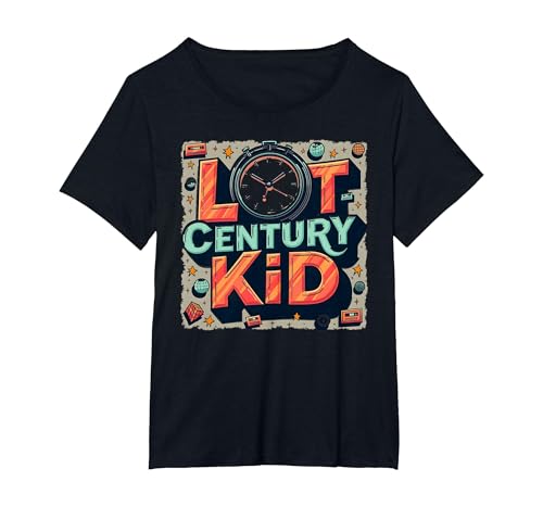 Last Century Kid 1900s Retro Nostalgie Uhr Sterne Vintage T-Shirt, Damen Große Größen, Schwarz, 6X von Generic