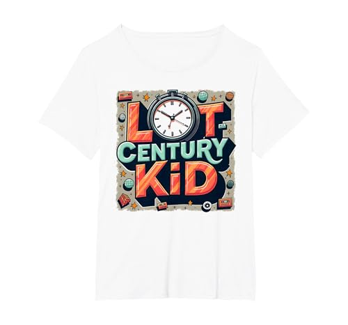 Last Century Kid 1900s Retro Nostalgie Uhr Sterne Vintage T-Shirt, Damen Große Größen, Weiß, 5X von Generic