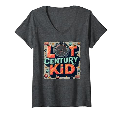 Last Century Kid 1900s Retro Nostalgie Uhr Sterne Vintage T-Shirt mit V-Ausschnitt, Damen, Anthrazit Meliert, XL von Generic
