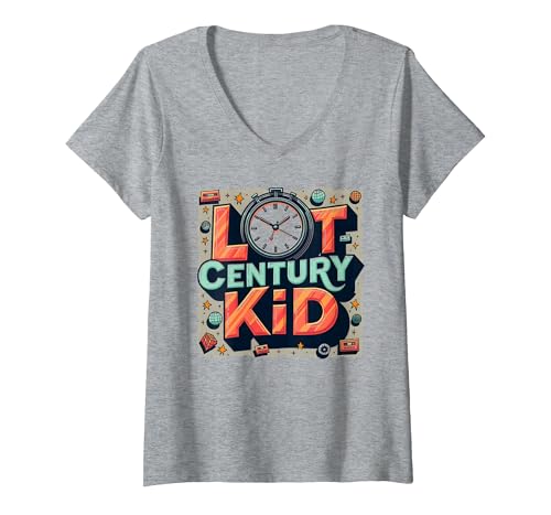 Last Century Kid 1900s Retro Nostalgie Uhr Sterne Vintage T-Shirt mit V-Ausschnitt, Damen, Grau Meliert, S von Generic