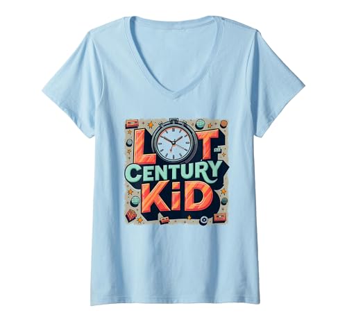 Last Century Kid 1900s Retro Nostalgie Uhr Sterne Vintage T-Shirt mit V-Ausschnitt, Damen, Himmelblau, S von Generic