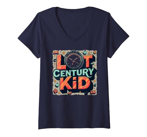 Last Century Kid 1900s Retro Nostalgie Uhr Sterne Vintage T-Shirt mit V-Ausschnitt, Damen, Marineblau, L von Generic