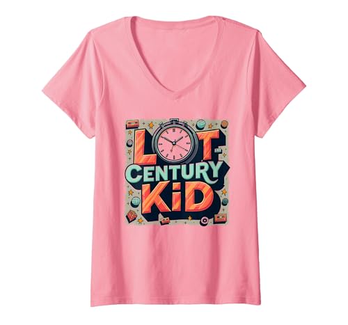 Last Century Kid 1900s Retro Nostalgie Uhr Sterne Vintage T-Shirt mit V-Ausschnitt, Damen, Rosa, XL von Generic