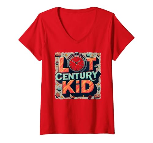 Last Century Kid 1900s Retro Nostalgie Uhr Sterne Vintage T-Shirt mit V-Ausschnitt, Damen, Rot, L von Generic