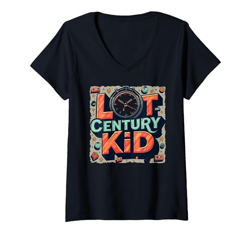 Last Century Kid 1900s Retro Nostalgie Uhr Sterne Vintage T-Shirt mit V-Ausschnitt, Damen, Schwarz, M von Generic