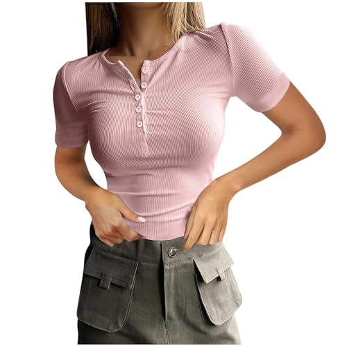 Last Minute Angebote Gerippt Kurzarm Bluse Damen Skinny Passform T-Shirt Einfarbig Sommerbluse Rundhal Kurzarmbluse mit Knopfleiste Frühjahr Sommer Tunika Sportshirt Streetwear von Generic