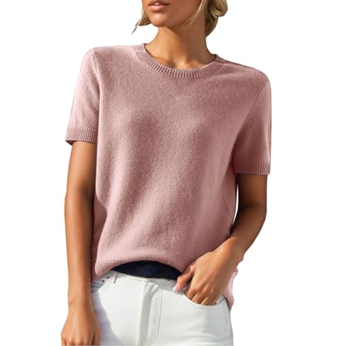 Last Minute Angebote Kurzarm Strickpullover Damen Einfarbig Strick Bluse O-Ausschnitt Strickpulli Elegant Sommerbluse Frühjahr Sommer Kurzarmbluse Teenager Mädchen Gestricktes Pullover von Generic