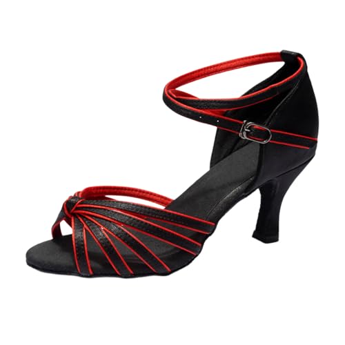 Latein Tanzschuhe Damen Bequeme Absatz Sandalen Mittlerer Blockabsatz Knoten Verzierung Slipon Sohle Freizeit Abendschuhe Indoor Veranstaltungen Elegant Bequem (Brick Red, 39) von Generic