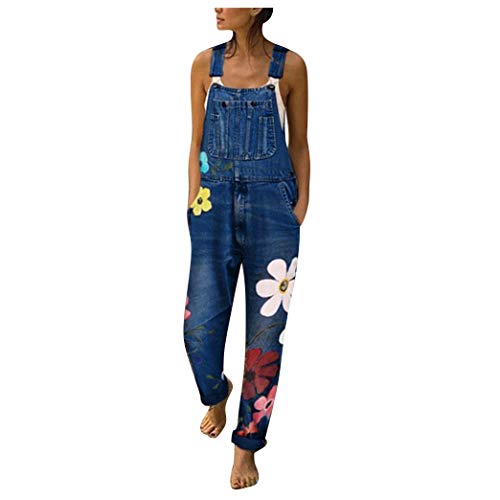 Latzhose Damen Latzhosen Lang Retro Jeanshose Jeanslatzhose mit Blumendruck,Loose Fit Denim Hose Freizeit Overall Boyfriend Stylisch Jumpsuit von Generic
