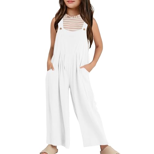 Latzhose Mädchen Leinenhose Onepiece Jumpsuit Armellos Baggy Strampler Locker Weites Bein Hosen Kinder Einfarbige Leichte Dünne Freizeithose Sommer Lässige Hose Lang mit (White, 11-12 Years) von Generic