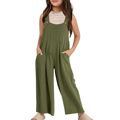 Latzhose Mädchen Weit Bein Jumpsuit Kinder Ärmellos Coole Overall Einfarbig Lang Hose Teenager Arbeitshose Outdoor Locker Lässige Strampler Kleidung (Green, 7-8 Years) von Generic