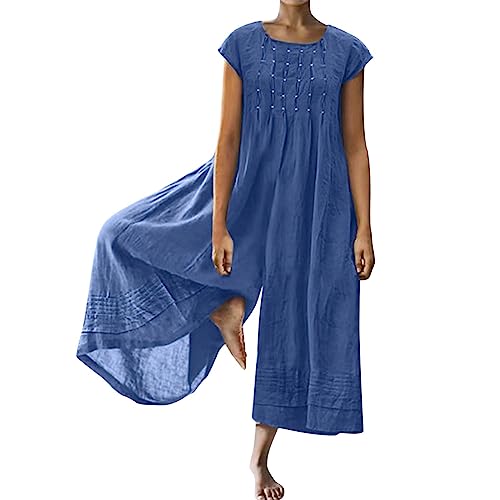 Latzhosenkleid Damen Jeans Solide Lange Strampler für Damen mit kurzen Ärmeln, Rundhalsausschnitt, lockerer Overall mit Reißverschluss Jumpsuit Damen 𝐒ommer (Blue, XXL) von Generic