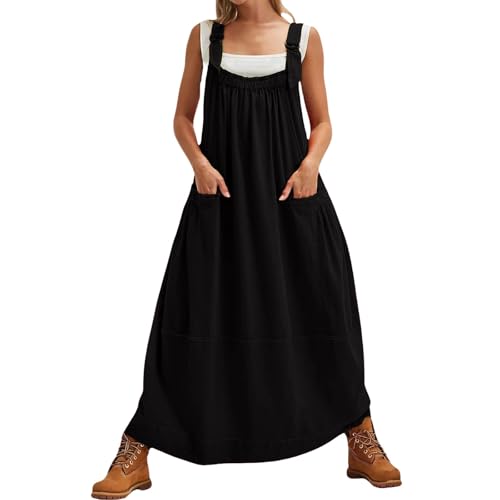 Latzkleid Damen Lang Freizeitkleider mit Taschen Sommer Verstellbare Trägerkleid Ärmellos Latzrock Quadratischer Ausschnitt Maxikleid Casual Einfarbiges Tankkleider Elegant Schicke von Generic