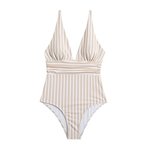 Lazzboy Badeanzug Damen Gestreift Hin Sexy Rückenlose Neckholder Bauchweg Rückenfrei Monokini V Ausschnitt Ruched Einteilige Bademode Swimsuit Triangel (Beige,XL) von Generic