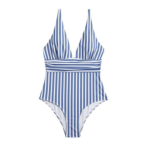 Lazzboy Badeanzug Damen Gestreift Hin Sexy Rückenlose Neckholder Bauchweg Rückenfrei Monokini V Ausschnitt Ruched Einteilige Bademode Swimsuit Triangel (Blau,L) von Generic