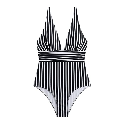 Lazzboy Badeanzug Damen Gestreift Hin Sexy Rückenlose Neckholder Bauchweg Rückenfrei Monokini V Ausschnitt Ruched Einteilige Bademode Swimsuit Triangel (Schwarz,XL) von Generic