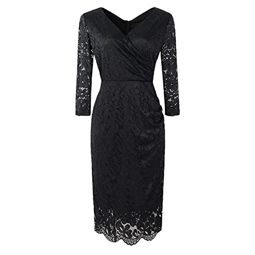 Festliche Kleider Für Damen Plus Size Frauen Spitze Langarm Midi Kleid Cocktail Abend Party Elegant Spitzenkleid 3/4 ärmel Hochzeit Abendkleid Cocktailkleid (Schwarz,XXL) von Generic