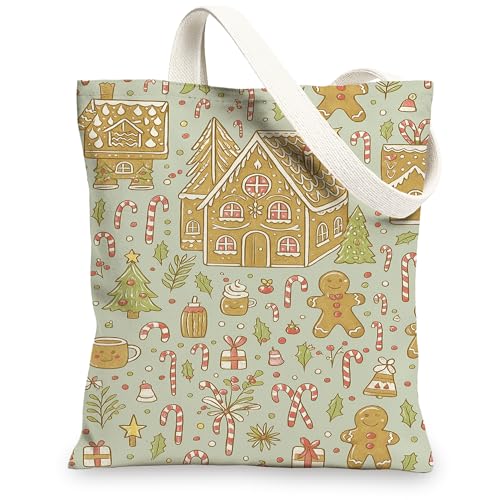 Lebkuchenhaus-Tragetaschen aus Segeltuch, Urlaubsmuster, wiederverwendbar, niedlich, leicht, waschbar, Schultergurt, Segeltuch für Lebensmittel, Reisen, 33 x 38 cm von Generic