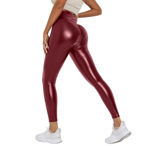 Leder Leggings Damen High Waist Kunstleder Lederhosen Glänzend Boom Booty Skinny Leggins Lederoptik Slim Fit Hosen Push Up Lederleggings Strumpfhosen Lederhose von Generic