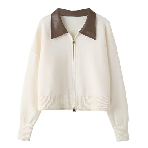Leder-Reverspullover Damen-Strickpullover mit doppeltem Reißverschluss, lockerer, schmaler Western-Stil – gebrochenes Weiß – Einheitsgröße von Generic