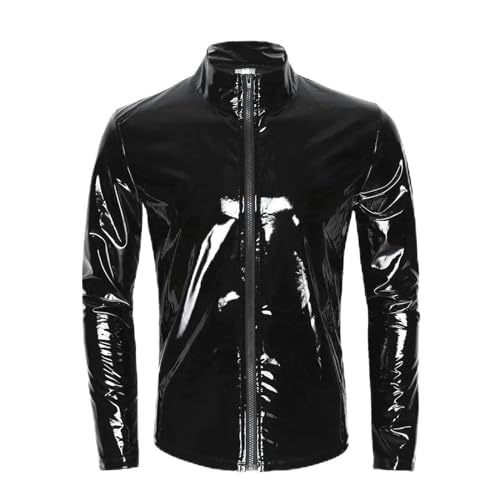 Lederhemd Shaping Etui Freizeitmantel Herren Glanz PVC Lederjacke Tops-Schwarz-7XL von Generic