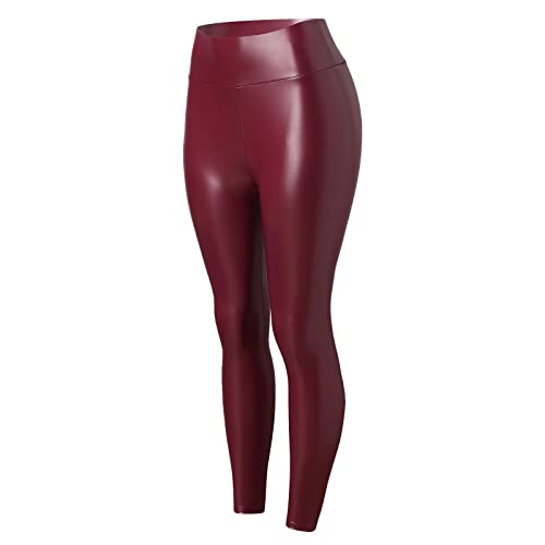 Lederhose Damen Kunstleder Leggings High Waist Leggings Hose Strumpfhosen Treggins Leggins Kunstleder Leggings Look hüfthoch Thermal Kunstleder (Red, M) von Generic