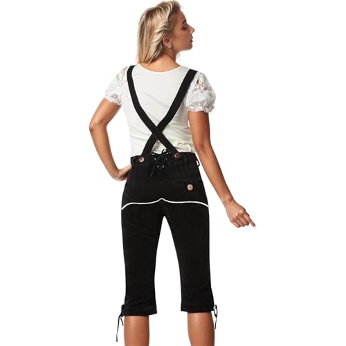 Lederhose Damen Oktoberfest, Trachtenhose Damen Knielang mit Träger Trachtenlederhosen High Waist 3/4 Lederhosen Retro Trachten Shorts Ledershorts Dirndl Hosen Kniebundhose Caprihose mit Taschen von Generic