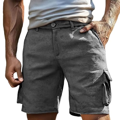 Lederhose Herren Tracht Cargo Shorts Kurze Hose Veloursleder Trachtenhose mit Reißverschluss & Knopf Retro Ledershorts Bermuda Cargoshorts Kurz Trachtenlederhose Cargohose mit 4-Taschen (Grau, M) von Generic