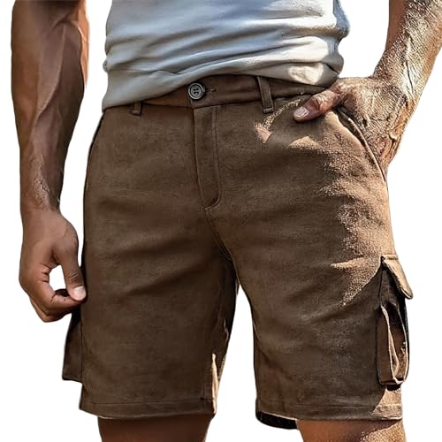 Lederhose Herren Tracht Cargo Shorts Kurze Hose Veloursleder Trachtenhose mit Reißverschluss & Knopf Retro Ledershorts Bermuda Cargoshorts Kurz Trachtenlederhose Cargohose mit 4-Taschen (Kaffee, XXL) von Generic