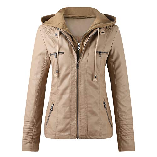 Lederjacke Damen Kunstleder Jacke Damen Lederjacke mit Kapuzen Große Größen Herbst Winter Langarm Motorrad Jacke Winterjacke Slim Fit Hoodie Mantel Streetwear mit Reißverschluss Tasche, Khaki, L von Generic