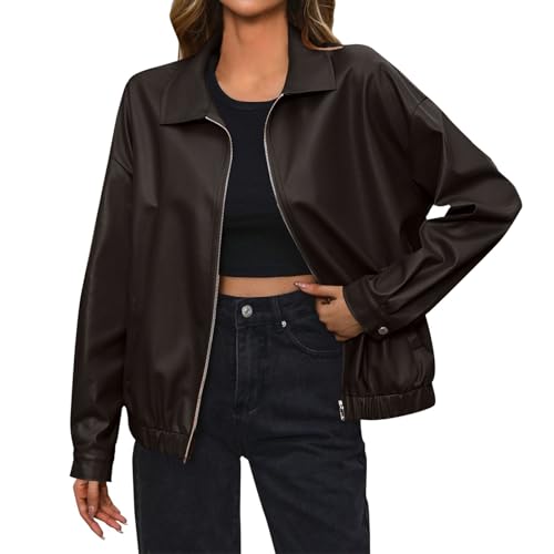 Lederjacke Damen Kunstlederjacke Kurz Damen | Lederjacke Jacke Motorradjacke Blouson mit Reißverschluss Windjacke Italienische Damen-Jacken S A Coffee von Generic