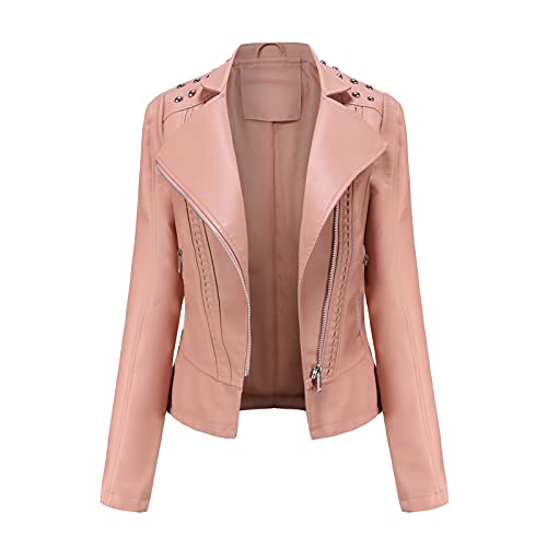 Lederjacke Damen Kurz Bikerjacke Reverskragen Motoradjacke Leder Jacke Bomberjacke mit Reißverschluss Damen Übergangsjacke Leichte Sommerjacke Outdoorjacke Langarm Casual Jacke von Generic