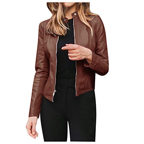 Lederjacke Damen Kurz Bikerjacke klassisch Motoradjacke Übergangsjacke für Herbst Winter elegant Retro kurz Windjacke für Outdoor-Arten Stehkragen Reißverschluss Leder Jacke (Orange, M) von Generic