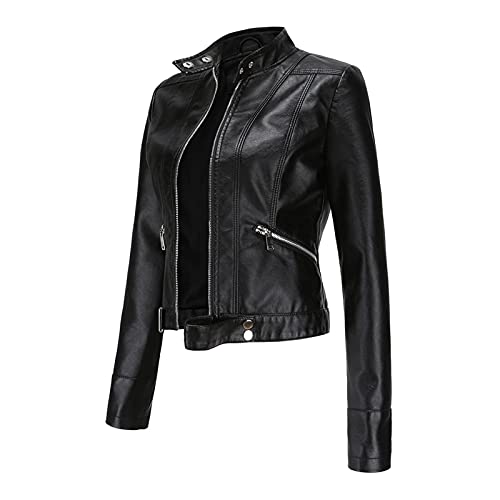 Lederjacke Damen Schwarz Biker - Damen-Jacken Softshell - Übergangsjacke Xxl Jacke Übergangsjacke Kurze Lederjacken Kunstleder Bomberjacke Casual Mit Reißverschluss Coat Bikerjacke von Generic