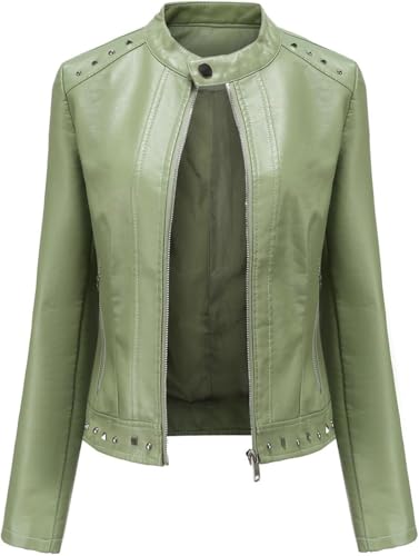 Lederjacke Damen mit Nieten Stehkragen Leicht bequem Vegan Mode Kurz Bikerjacke Mit Reißverschluss für jeden Anlass perfekte (grün,M) von Generic
