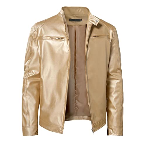 Lederjacke Herren,Bikerjacke Mit Golden Silberfarben,Männer Jacke Mit Reißverschluss,Bomberjacke Mit Gefüttert,Freizeitjacke Mit Stehkragen,Übergangsjacke Mit Freizeit Im Freien Einfarbig (Gold, XL) von Generic