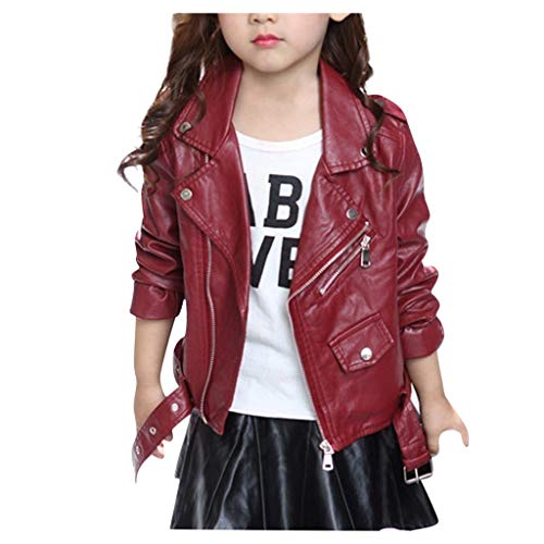 Lederjacke Mädchen mit Gürtel Reißverschluss Jacke Jungen Mode Einfarbige Weich Coole Leder Jacken Kinder Langarm Outdoorjacke Soft Lässig Coat (Wine, 12-13 Years) von Generic