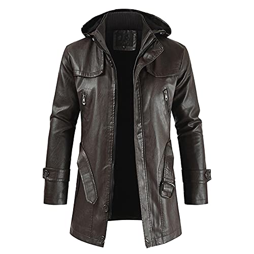 Ledermantel Herren，Winter Parka Mit Fell-Imitat Jacke Mantel Echtleder KöNigs Kunstpelz Und Fellkragen Fleecejacke Windbreaker Warm Wintermantel Lang Slim Fit Herrenmantel Trenchcoat, Kaffee, XL von Generic
